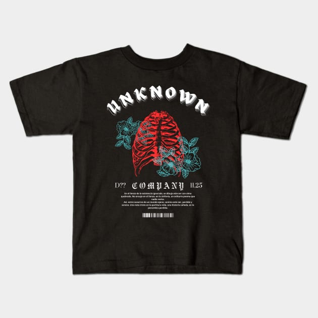 Red ribs with blue flowers Kids T-Shirt by UNKNOWN COMPANY